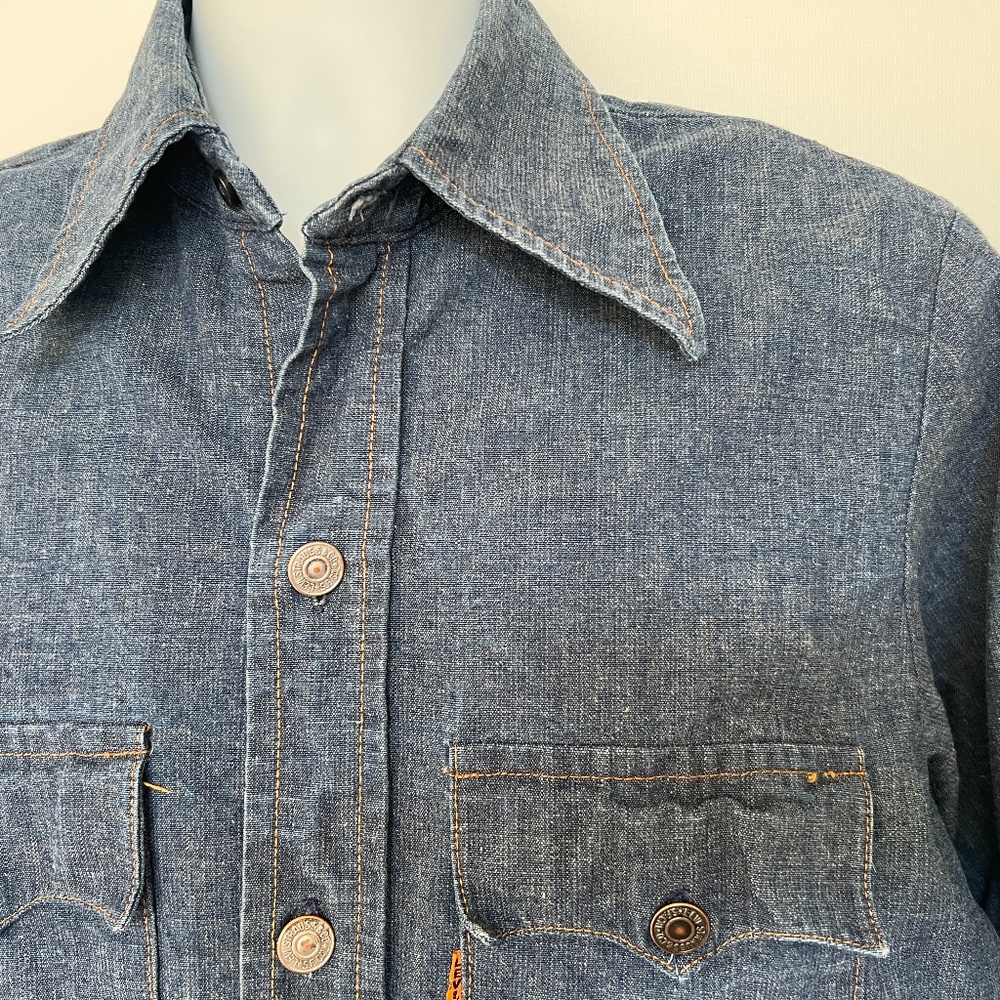 Levis Vtg Shirt Orange Tab Big E Denim Long Sleeve Sz M Made USA 100% Cotton - Picture 2 of 6